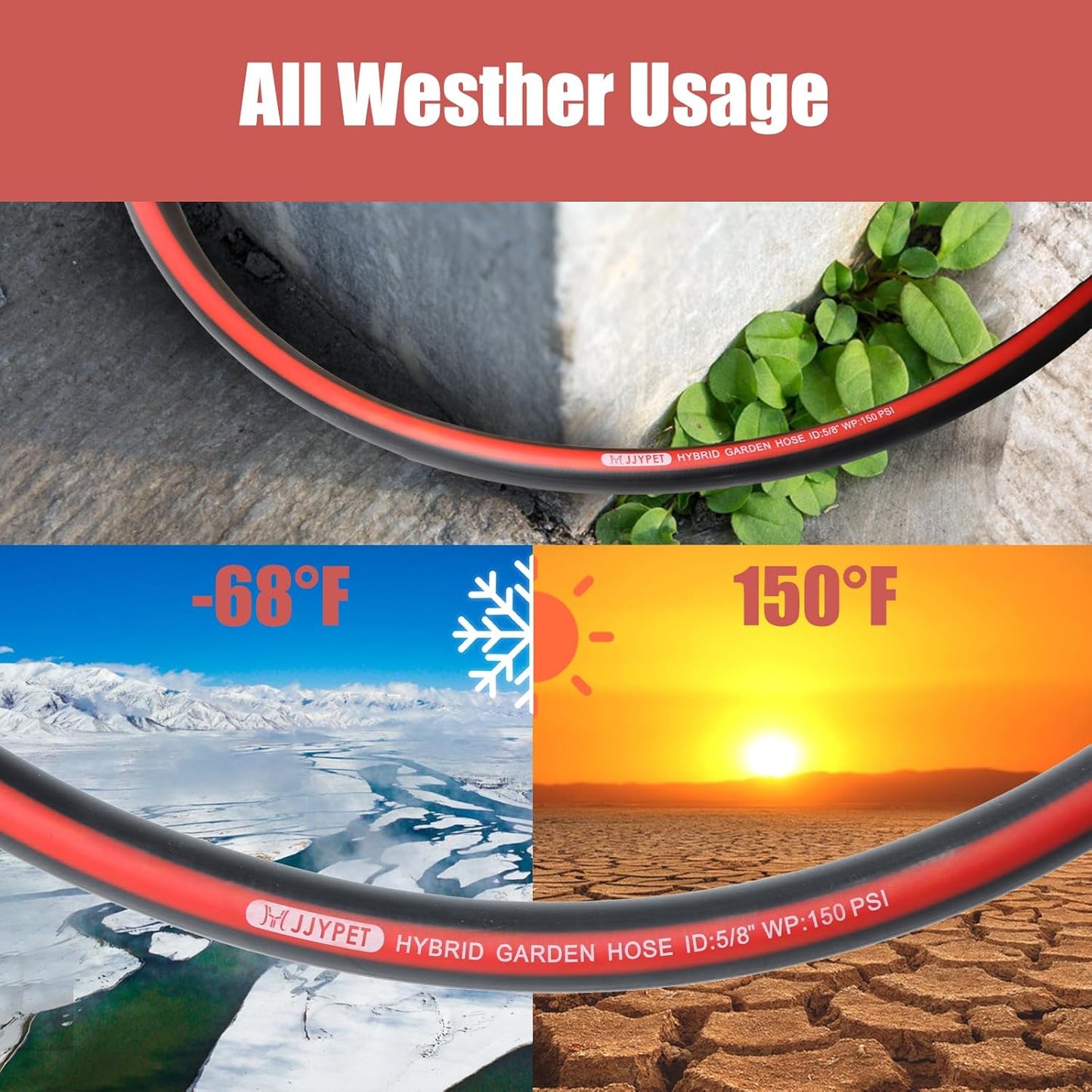 50FT Heavy Duty Flexible Garden Hose,Outdoor Water Hose 5/8Inch with 7 Pattern Spray Nozzle,No Tangle Rubber Hose Car Washing Pipe with 3/4"100% Solid Brass Fittings