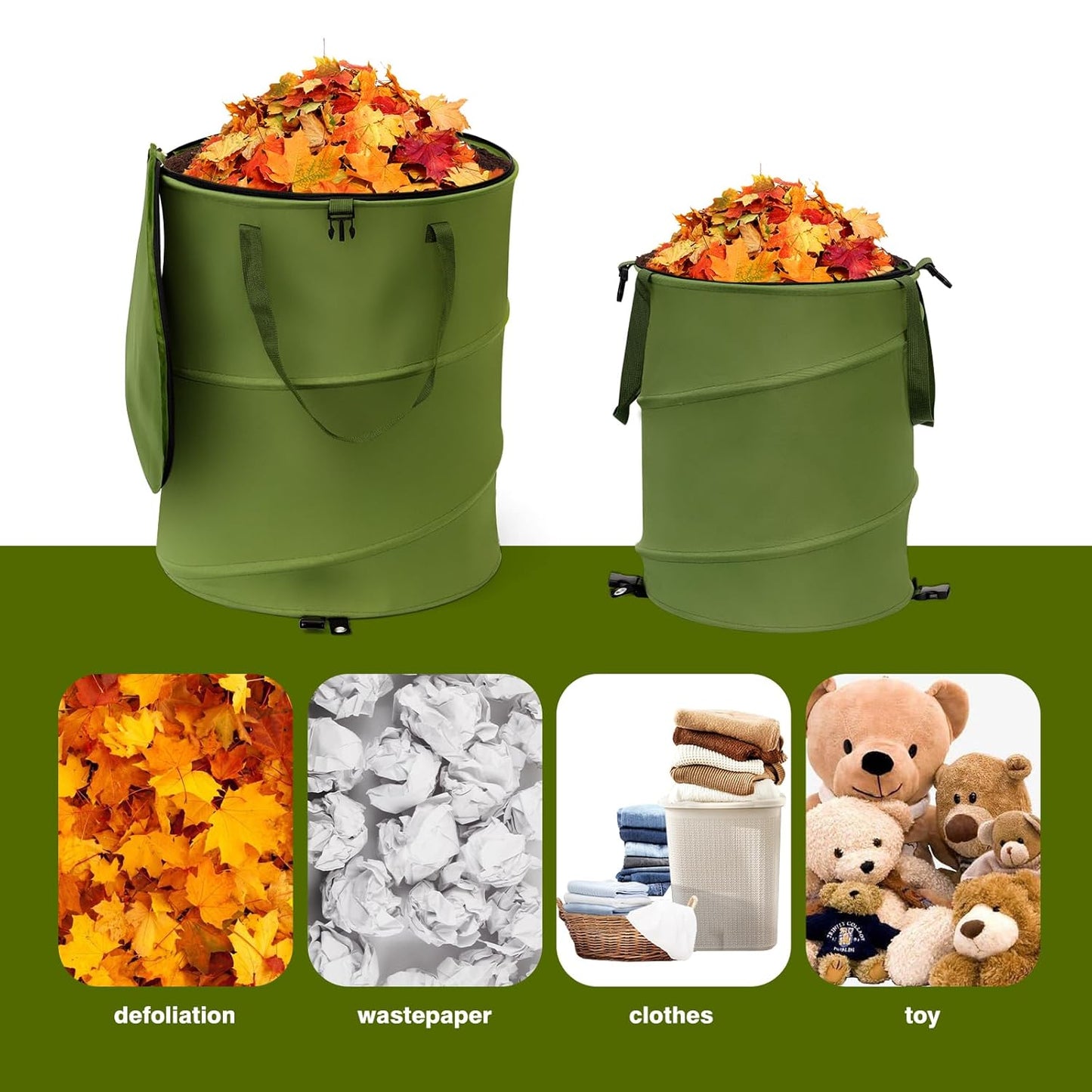 Reusable Lawn and Leaf Garden Bag, Collapsible/Pop Up Trash Can, 18x22 In Garbage Can and Recycling Bin with Lid for Home Storage, Laundry, Camping, Garden (2Pcs-Green 24 Gallons)