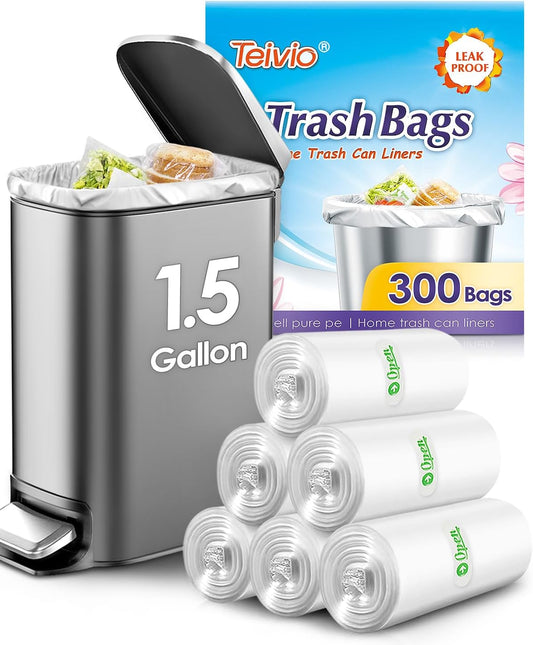 Teivio 1.5 Gallon 300 Counts Clear Trash Bags Garbage Bags,Mini Waste Basket Liners,Tiny Bathroom Trash Can Bin Liners,Small Plastic Bags for Home Office Kitchen Car Bedroom Dog waste Baby Diaper