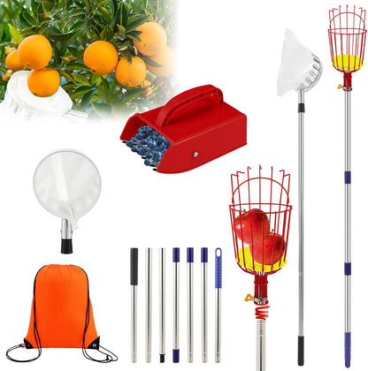 4 Pack Fruit Picker Pole Tools 11.5 ft Fruit Picker Pole with Basket Telescoping and 35-63 Inch Adjustable Apple Picking Tool Berry Rake Scoop and Storage Bag for Mango Lemon Orange Avocado