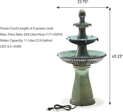 Glitzhome Water Fountain Outdoor Floor-Stand Fountain with LED Light & Pump, Oversized 3 Tier Ceramic Turquoise Waterfall Patio Fountains and Waterfalls Outdoor Yard Fountains for Lawn Garden Backyard