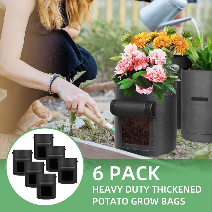 6 Pack 7 Gallon Potato Grow Bags, Heavy Duty Nonwoven Fabric Garden Planting Bag Plant Container with Flap and Handles, Aeration Fabric Pots for Growing Vegetable, Fruits and Flowers