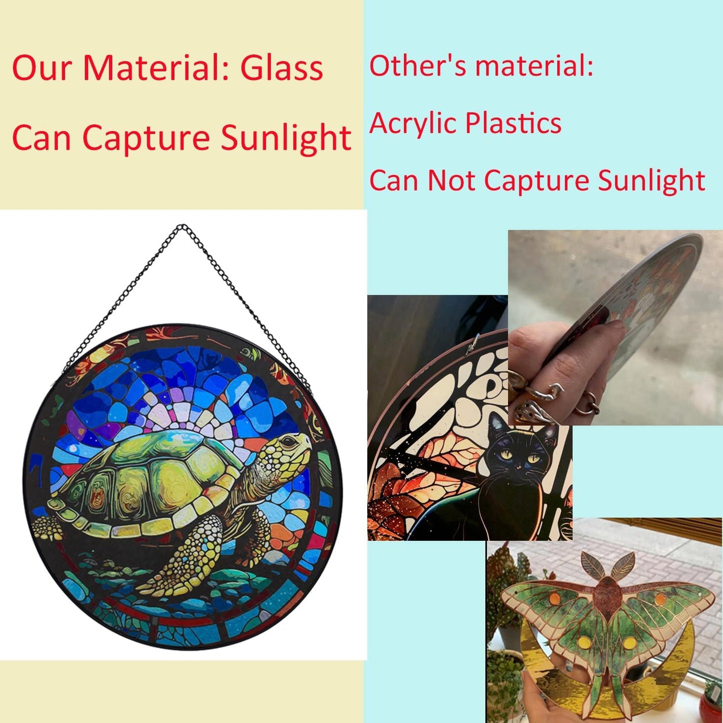 Hanging Stained Glass for Windows,20cm/7.87 inch Turtle Hand-Painted Glass Panel Window Hanging Suncatchers Christmas Ornaments Home Courtyard Decor,Housewarming Gift (Style A)