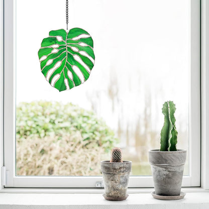 Tuitessine Monstera Suncatcher Stained Glass Leaf Exotic Jungle Tropical Decor Window Wall Hanging Home Decor Green Nature Ornament Glass Panel Birthday Gift for Grandma Plant Lovers 7.5 * 6.5”