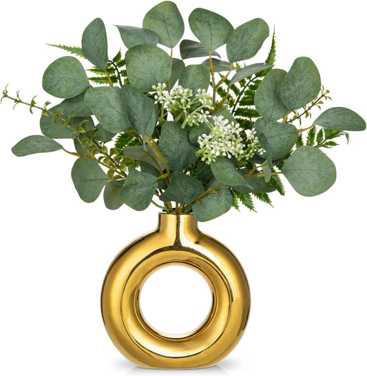 Artificial Eucalyptus Stems in Ceramic Vase 14.23" Fake Eucalyptus Plant Decor Gold Donut Vase with