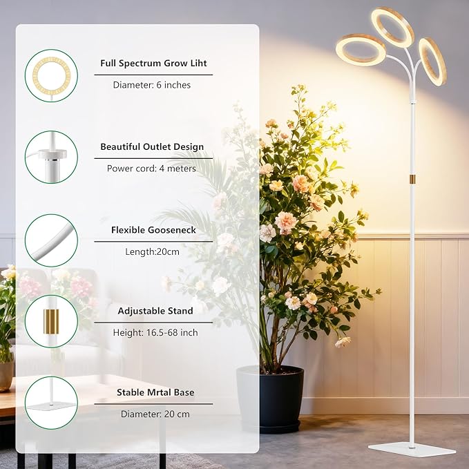 Full Spectrum Grow Light with Stand for Indoor Plants, Floor Plant Light, 6/12/18H Timer, 3 Color Modes, Adjustable Height 16.5–68in, for Large Plants & Home Décor(Tri-Head,Faux Wood Grain)
