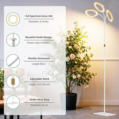 Full Spectrum Grow Light with Stand for Indoor Plants, Floor Plant Light, 6/12/18H Timer, 3 Color Modes, Adjustable Height 16.5–68in, for Large Plants & Home Décor(Tri-Head,Faux Wood Grain)