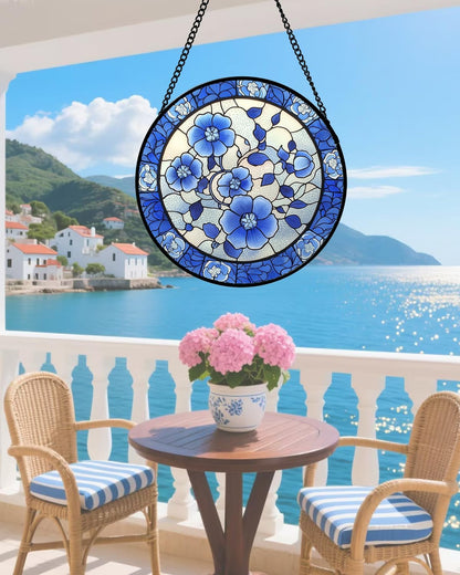 Stained Glass Window Hanging, Blue and White Plum Blossom Sun Catcher for Door Home Decor Flowers Suncatcher Christmas Mother's Day Birthday Gifts for Women Men Mom and Nana 6.3 in