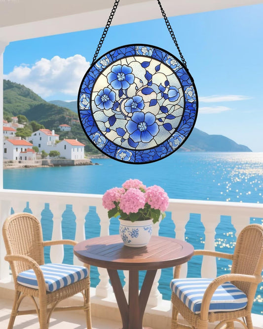 Stained Glass Window Hanging, Blue and White Plum Blossom Sun Catcher for Door Home Decor Flowers