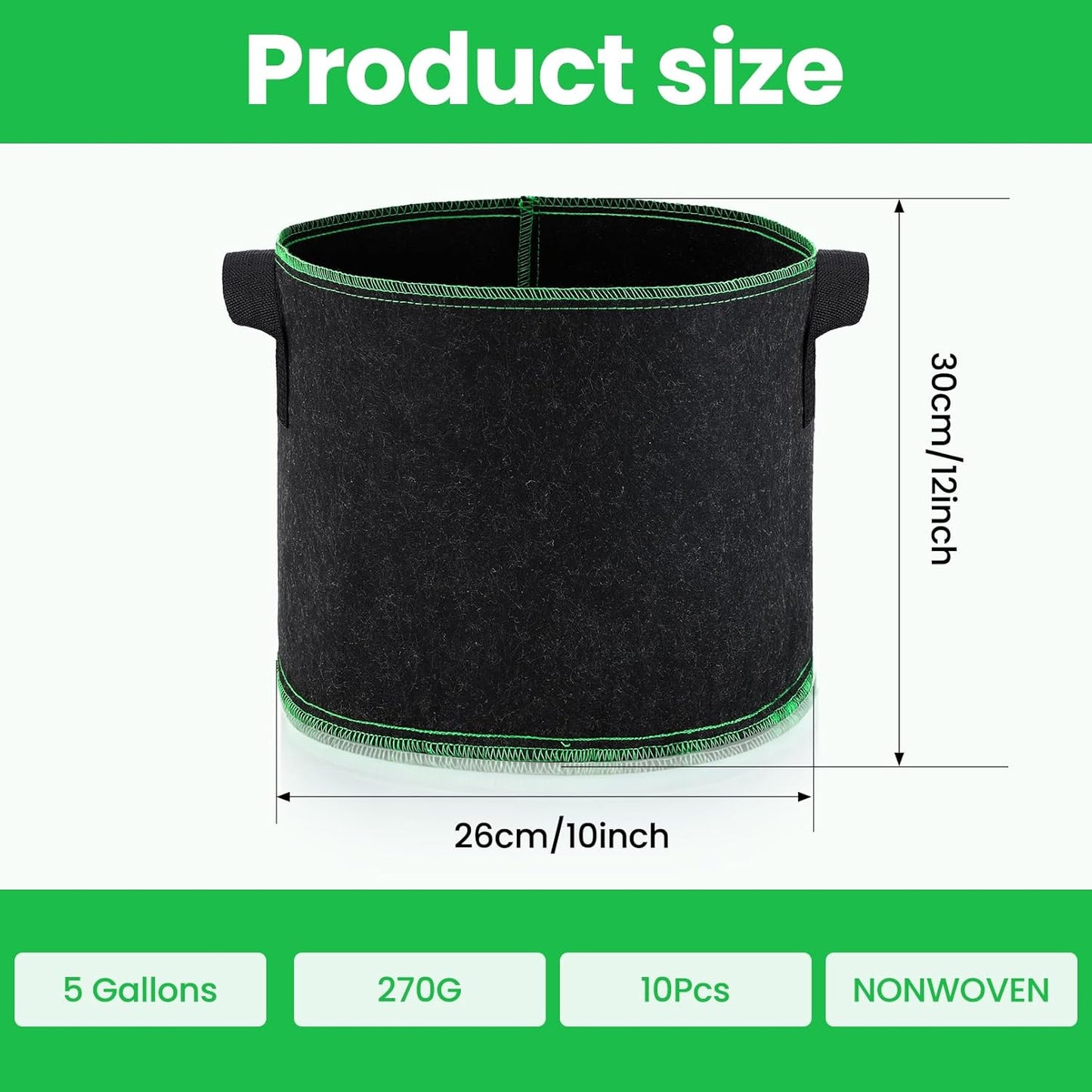 5 Gallon Grow Bags, 10 Pack Heavy Duty Aeration Fabric Pots,Thickened Nonwoven Fabric Pots with Handles,Reusable Plant Bags for Vegetable, Fruits, Flowers, Plants