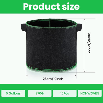 5 Gallon Grow Bags, 10 Pack Heavy Duty Aeration Fabric Pots,Thickened Nonwoven Fabric Pots with Handles,Reusable Plant Bags for Vegetable, Fruits, Flowers, Plants