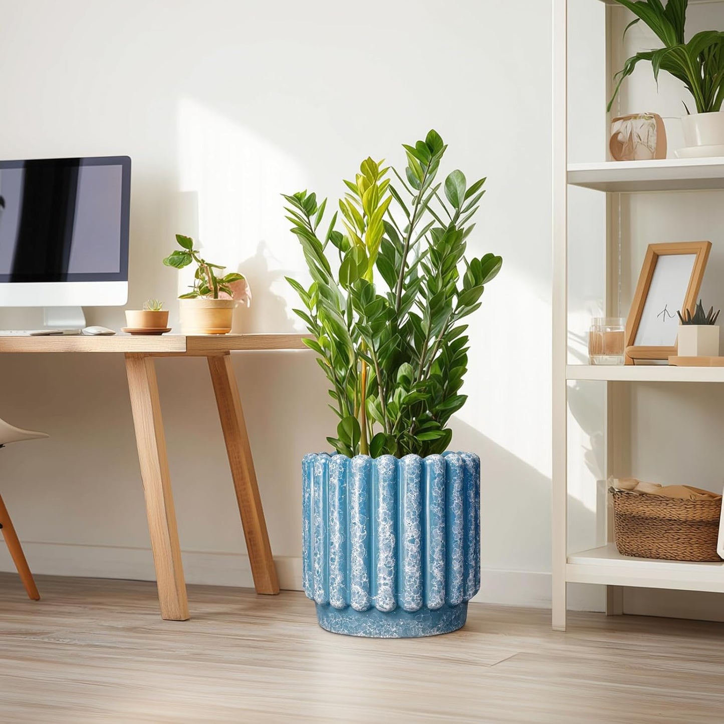Ceramic Pots for Plants - 12 Inch Planter with Drainage Hole, Round Large Flower Pots for Indoor Plants Outdoor, Fluted Decorative Ceramic Planter, Home Office Decor, Garden Gifts, Blue