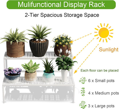 Metal Plant Stand Metal 2 Tier Potted Multiple Flower Pot Holder Plant Shelf Indoor Plants Multiple,Outdoor Heavy Duty Planter Display Shelving Unit for Patio Garden Corner Balcony Living Room(White)