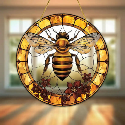 7.9inch Bee Suncatcher for Window Hanging,Floral Acrylic Suncatcher with Chain Window Decor for Home,Indoor, Garden, Housewarming Round Ornament, Gift for Women Friend