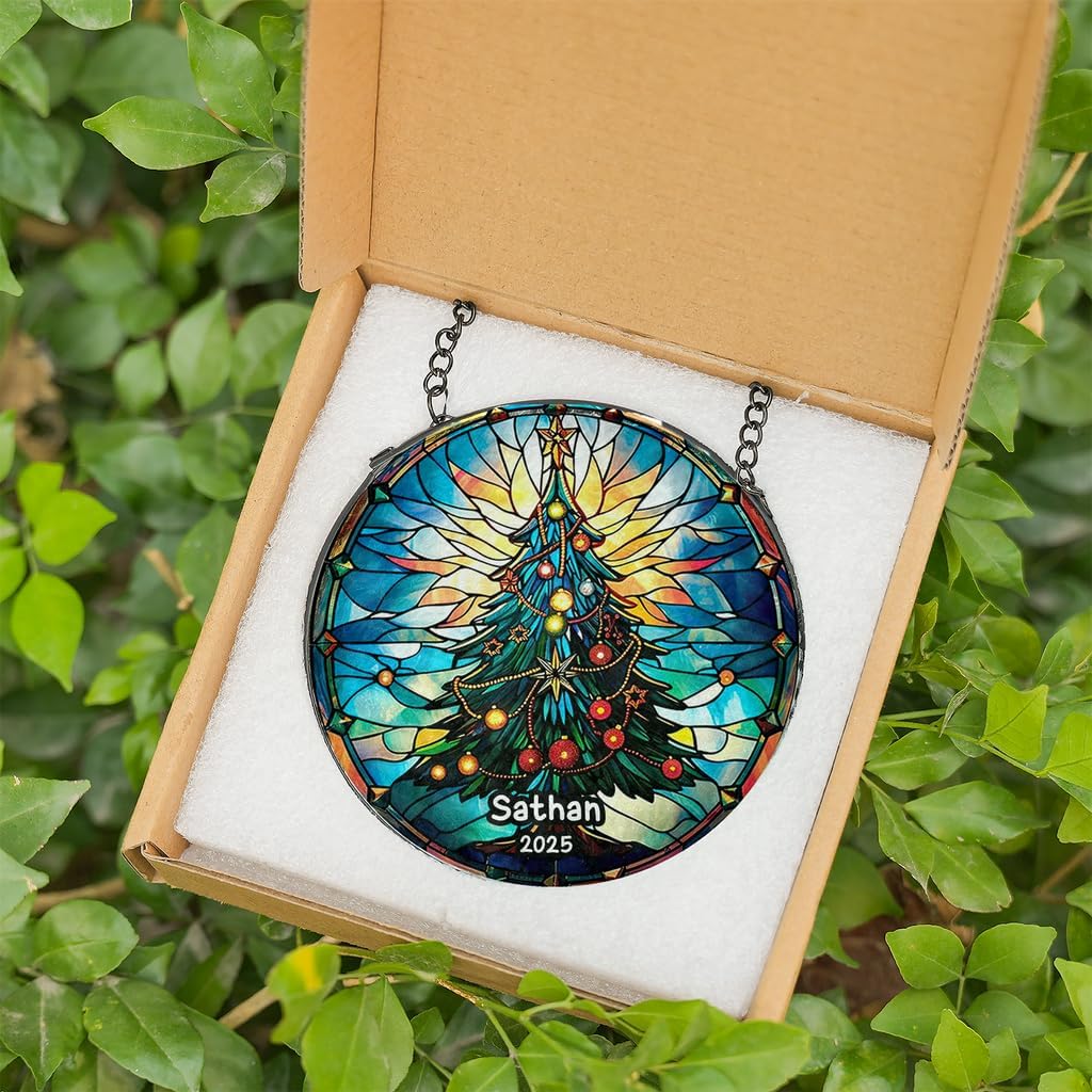 Personalized Stained Glass Christmas Tree Suncatcher, Christmas Handcraft Holiday Ornament with Name and Number, Gift for Family or Friend, Gift for Décor