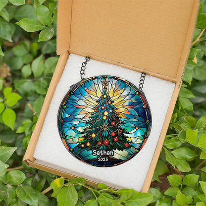 Personalized Stained Glass Christmas Tree Suncatcher, Christmas Handcraft Holiday Ornament with Name and Number, Gift for Family or Friend, Gift for Décor