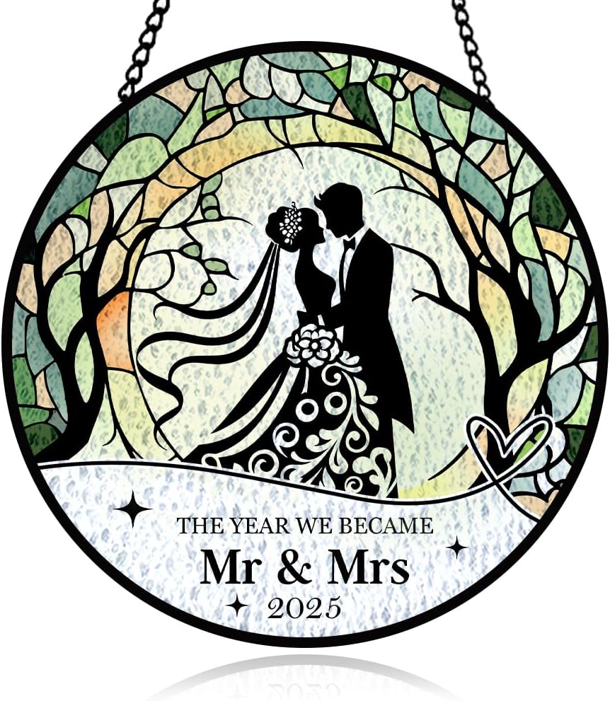 Mr and Mrs Stained Glass Window Hanging, Couple Suncatcher Panel for Indoor Outdoor, Wedding Glass Ornament for Husband and Wife, Love Glass Ornament for Wall, Porch, Balcony, Bridal Shower Decor