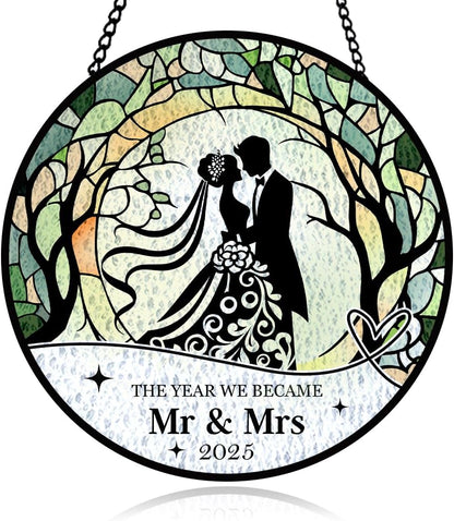 Mr and Mrs Stained Glass Window Hanging, Couple Suncatcher Panel for Indoor Outdoor, Wedding Glass Ornament for Husband and Wife, Love Glass Ornament for Wall, Porch, Balcony, Bridal Shower Decor