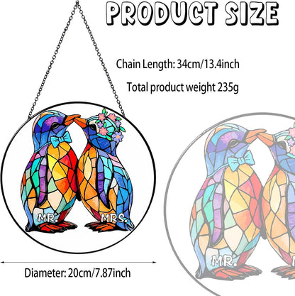 Wedding Gifts Sun Catcher Stained Glass Window Hanging Penguin Couple Wall Decor Handmade Ornament Light Catcher Mr & Mrs Couples Gift Bridal Shower Gift for Couple, 7.87inch
