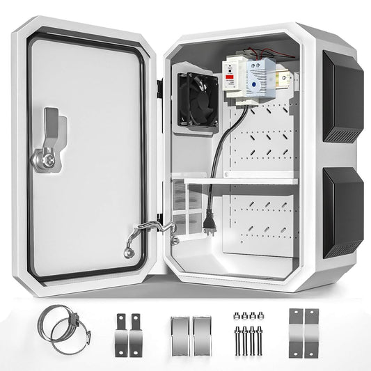 Outdoor Electrical Box with Thermostat and Fan, Cold-Rolled Steel Plate, Aluminum Alloy Back Beam, One-Piece Ventilation Design, IP65 Waterproof, Wall/Pole Mounted. (17.7" x 13.8" x 7.9")