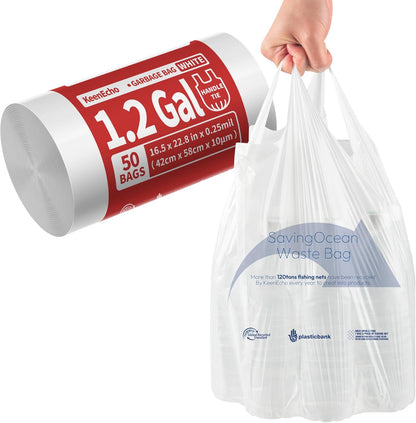 Small Trash Bags with Handles 1.2 Gallon 50 Count White - Ocean Plastic Upcycling - Plastic Garbage Bags, Can Bin & Waste Basket Liner for Kitchen, Bathroom, Office and Pets