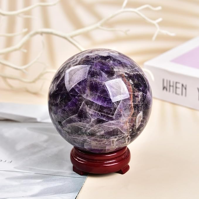 JIC Gem Large Crystal Ball Chevron Amethyst Healing Crystals Sphere with Wooden Stand Meditation Home Decor 3.5-4 inch (90-100mm)