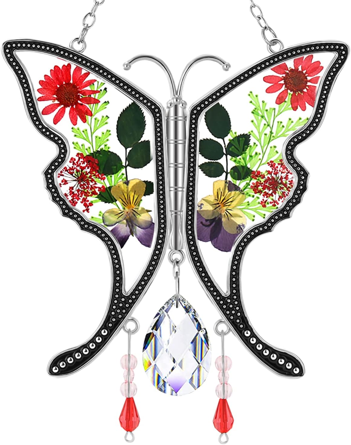 KY&BOSAM Butterfly Suncatcher Gifts for Mom Stained Glass Butterfly for Windows Hangings Wind Chime Ornament Pressed Rearl Flower Wings and Crystal Charm Birthday Gift for Mom Mother`s Day Christmas