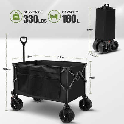 TECKNET Collapsible Foldable Wagon Cart, 150kg/330Lbs Weight Heavy Duty Folding Wagon with All-Terrain Big Wheels, Utility Wagon with Side Pocket for Grocery, Shopping, Sports, Garden, Camping
