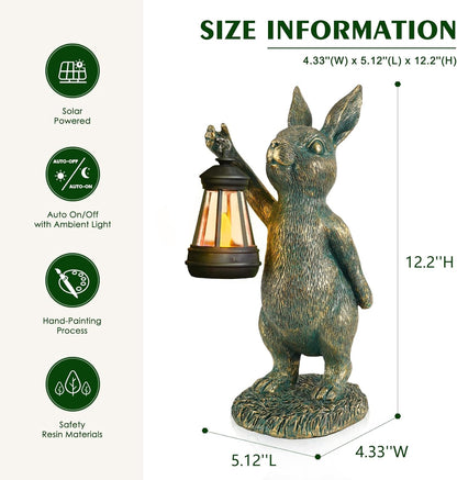 MININOVA Rabbit Garden Statues with Solar Lantern Bunny Outdoor Resin Sculpture for Patio Yard Lawn Decorations Gifts for Mother’s Day Housewarming Christmas