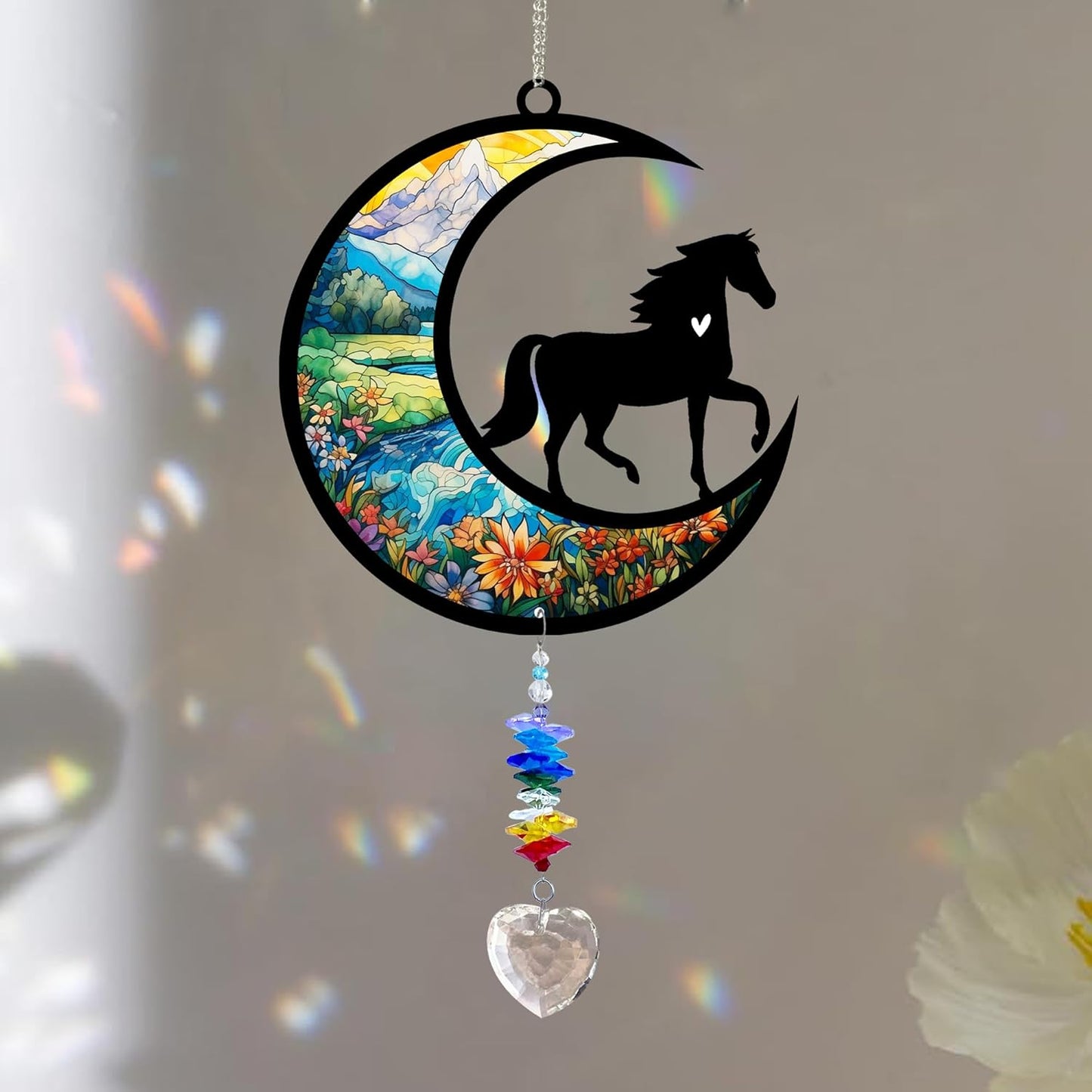 Horse Suncatcher, Personalized Pet Loss Gift with Name & Date, Heart-Shaped Crystal Sun Catcher, Horse Remembrance Sympathy Rainbow Maker for Window & Garden