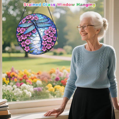 Stained Glass Window Hanging – Dragonfly Sun Catcher Round Glass Panel, Blue Floral Window Decor, Suncatchers for Windows Hanging Gift for Women & Mom (12 Inch)