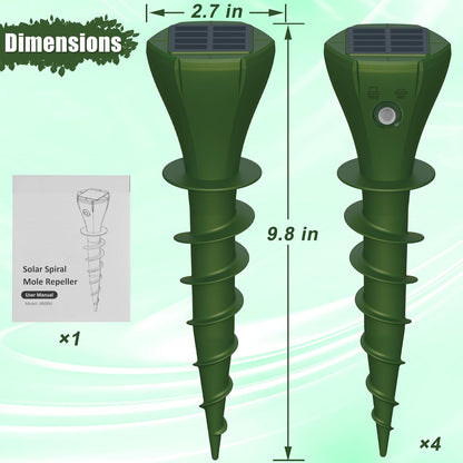4 Packs Solar Mole Repellers, Gopher Deterrent Device with Vibrating Motor & Spiral Drill Ground Stake, IP65 Waterproof Lawn Garden Yard Pest Repellents Driving Away Vole Groundhog Snakes