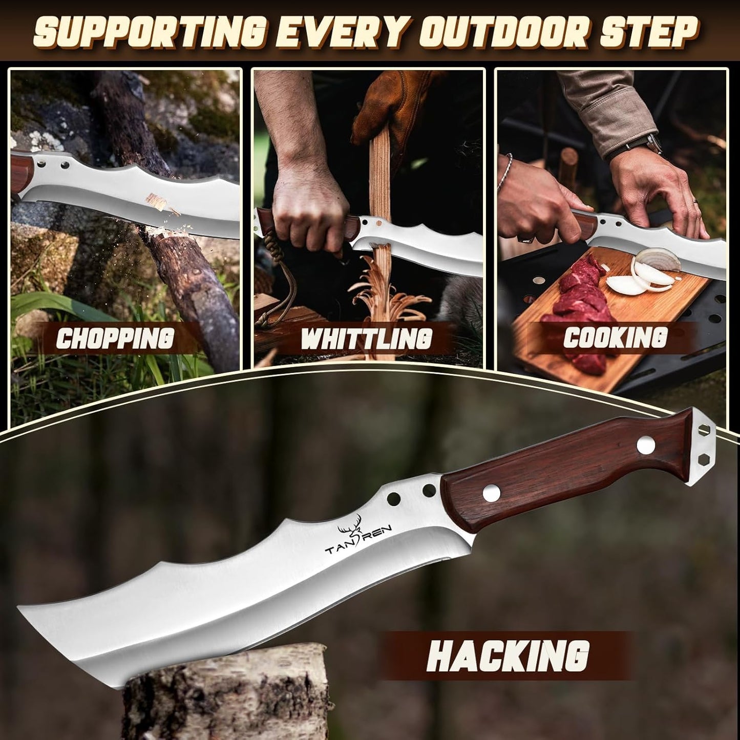 TAN REN Machete for Cutting Trees Heavy Duty, Survival Machete with Sheath for Yard Work, Full Tang Fixed Blade Knife with Wood Handle, Camping Machetes Heavy Duty, Clearing Brush and Gardening