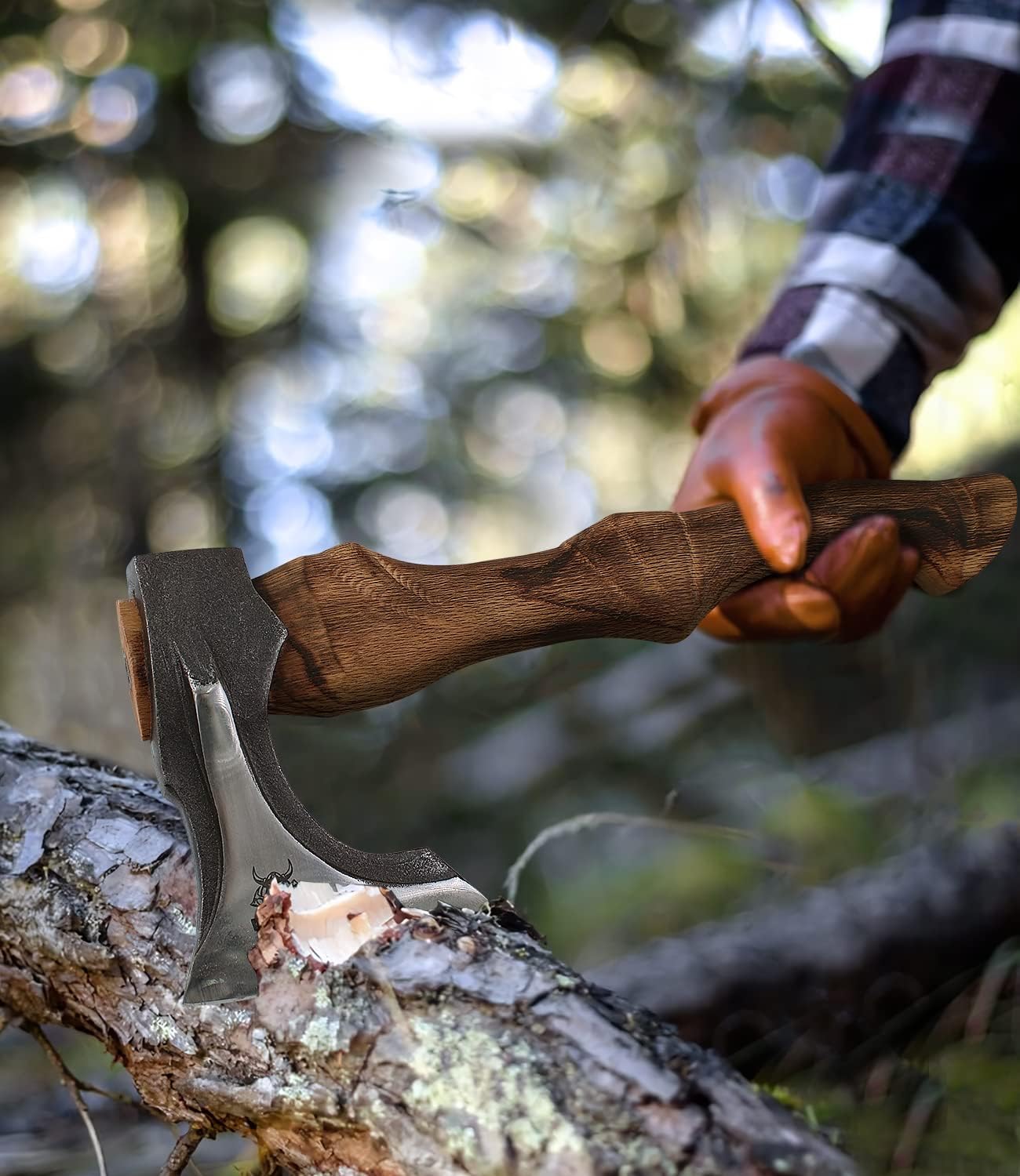 Splitting Axe, 14.8 - inch Camping Hatchet with Leather Sheath, Chopping Axe 1055 High Carbon Steel and Beech Wooden Handle