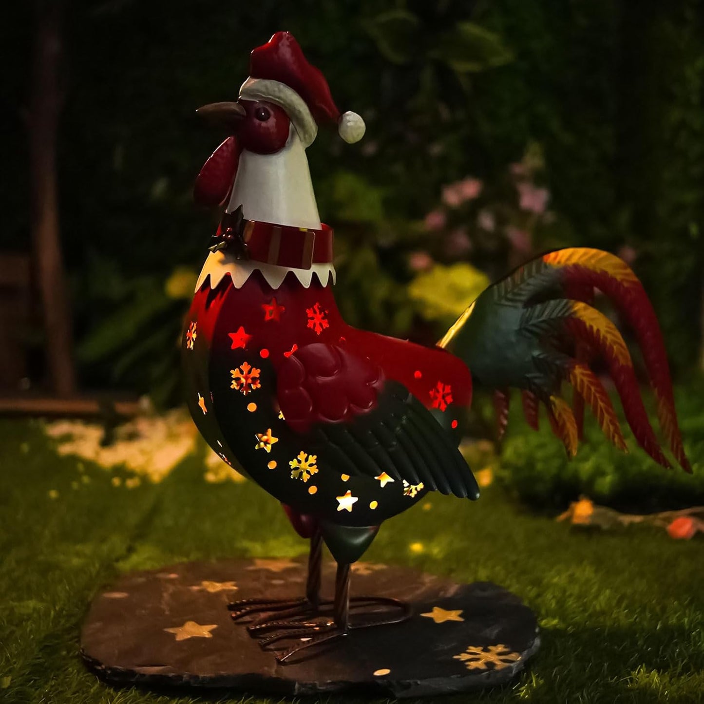 LIFFY Christmas Rooster Yard Decor,18" Metal Chicken Outdoor Decor with Solar Light,Garden Rooster Statues for Outside,Patio Decorative Ornaments for Home Backyard Landscape