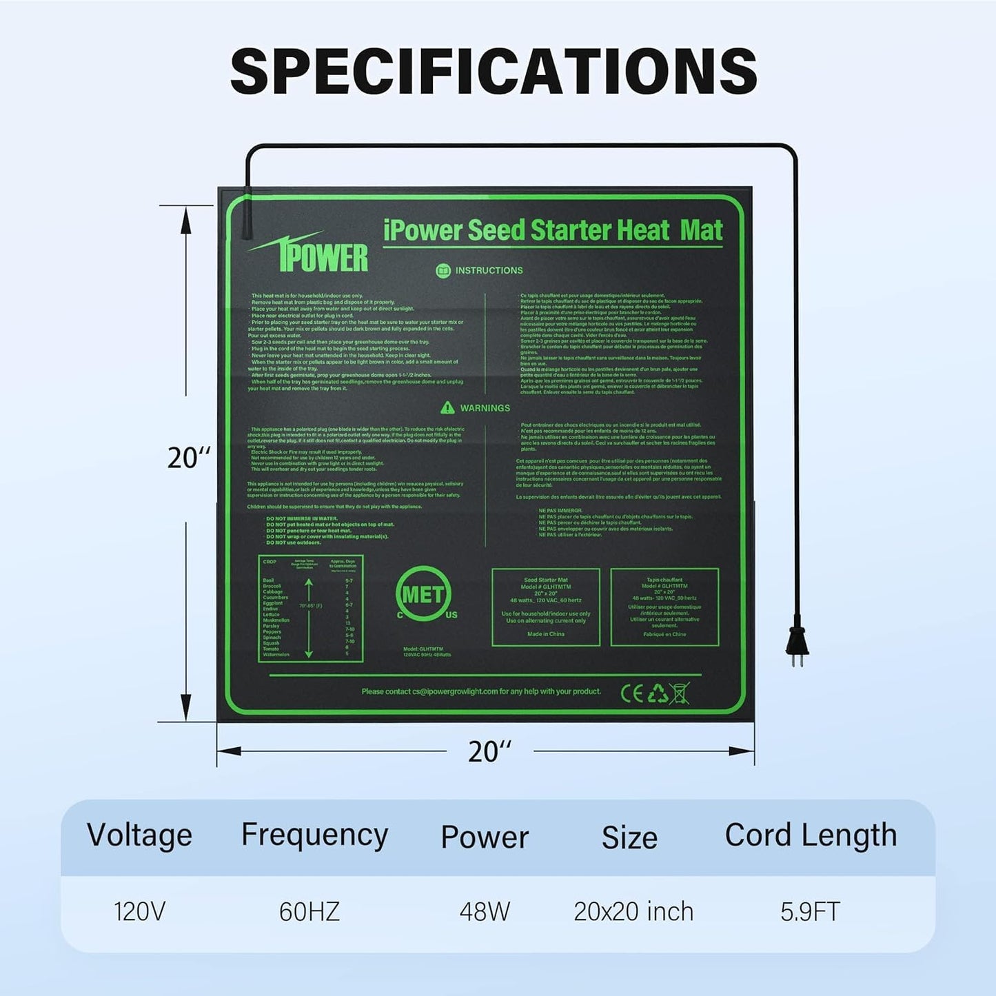 iPower 20" x 20" Durable Waterproof Seeding Heat Mat with Digital Thermometer for Providing Reliable Warmth for Indoor hydroponic Plant Germination