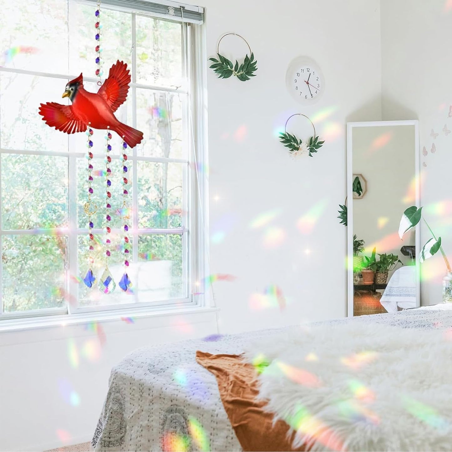Red Cardinal Crystal Sun Catcher-Stained Glass Window Hanging Ornament with Rainbow Prism, Memorial Gift for Women, Handmade Bird Decor for Home Garden, Christmas Valentine Gift for mom(Red B)