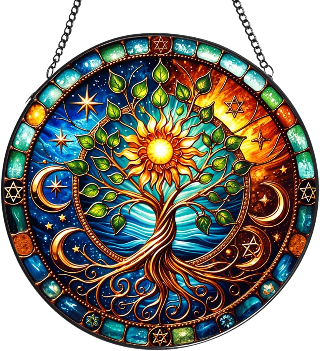 Tree of Life Stained Glass Window Hanging,7.87 Inch Sun Catcher Indoor Window Decorations Panel,Decor for Home,Garden,Festival,Mother’s Day,Housewarming Gift for Mom