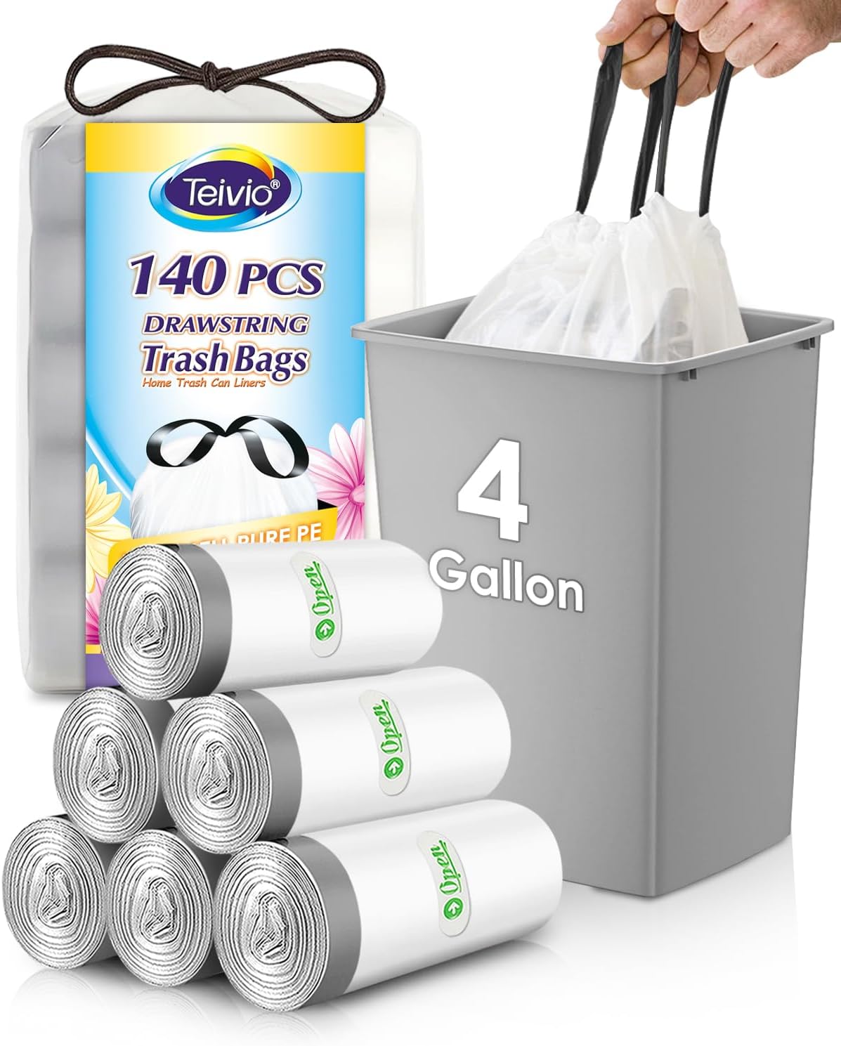 4 Gallon 140 Counts Strong Drawstring Trash Bags Garbage Bags by Teivio, Bathroom Trash Can Bin Liners, Small Plastic Bags for home office kitchen, White
