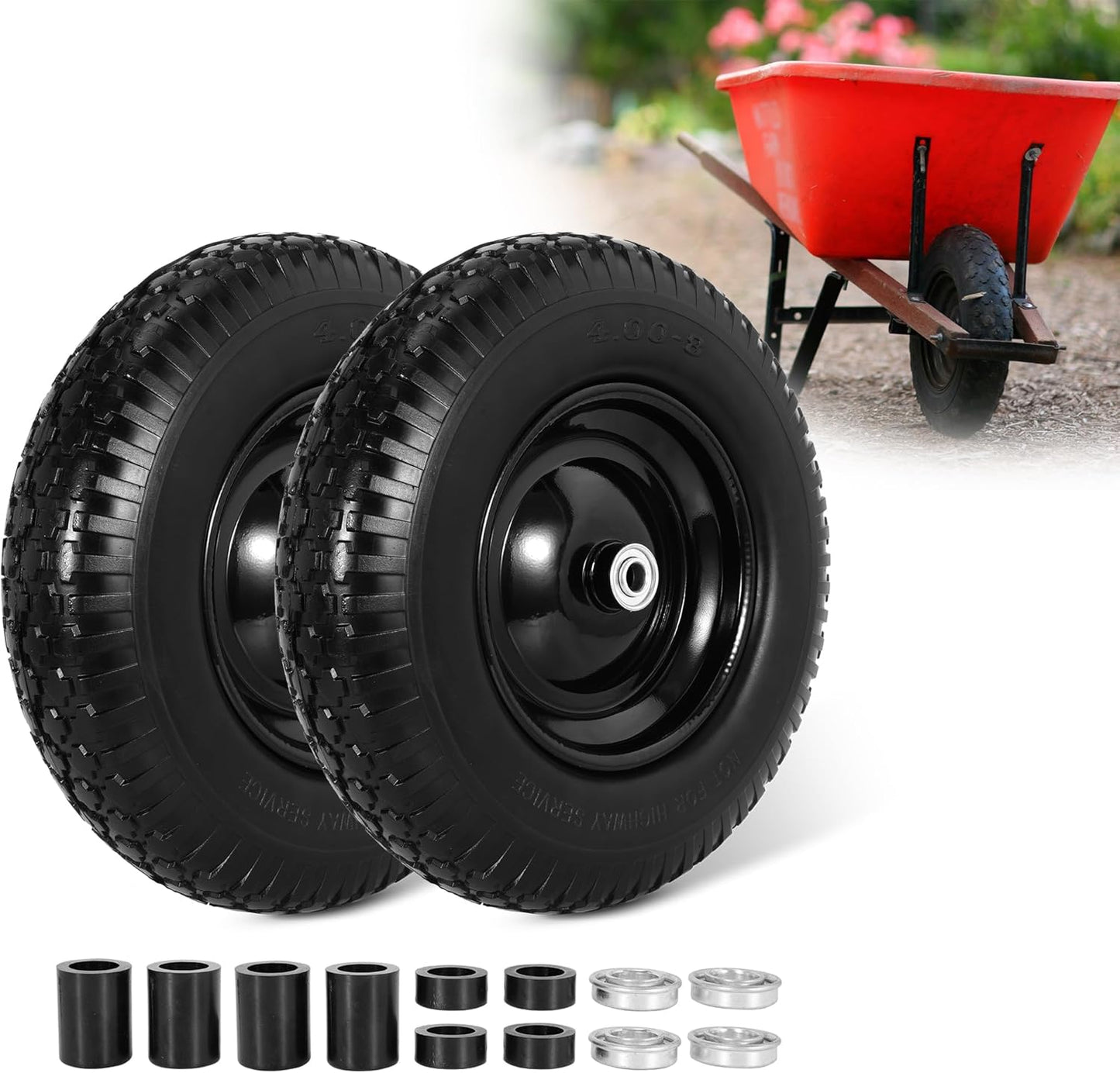 16" Flat Free Wheelbarrow Tires, 4.80/4.00-8" Flat-Free Solid Tire with 5/8" Axle Bore Hole for Wheelbarrow Lawn Mover Trolley Dolly Go Kart Replacement (2 Pack)