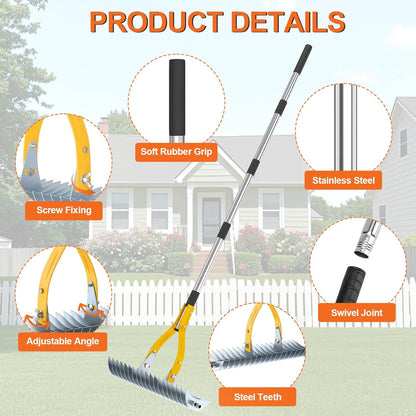 TOOVEM Thatch Rake, 15-inch Lawn Thatching Rake with Heavy Duty Steel Tines & Ergonomic Handle, 70-Inch Professional Dethatching Rakes for Effective Lawn Care, Garden & Yard Tool