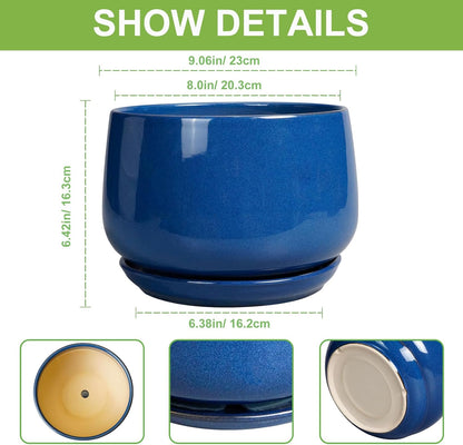 G EPGardening Ceramic Pots for Plants, 9 Inch Modern Round Planter with Drainage and Tray Indoor Outdoor for Flower, Patio Decor, Housewarming Gifts, Blue