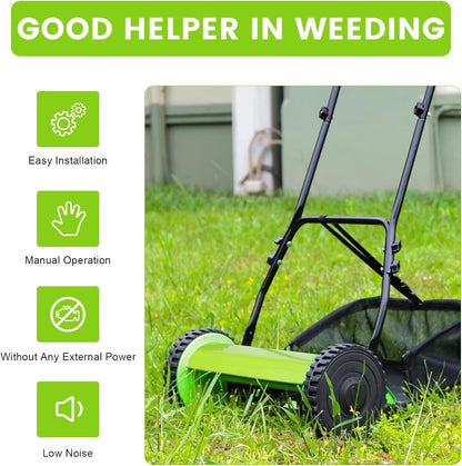 12 Inch 5-Blade Push Reel Lawn Mower, Cordless Manual Lawn Mower with Grass Catcher, Adjustable Cutting Height, Walk-Behind Lawn Mowers for Yard, Garden