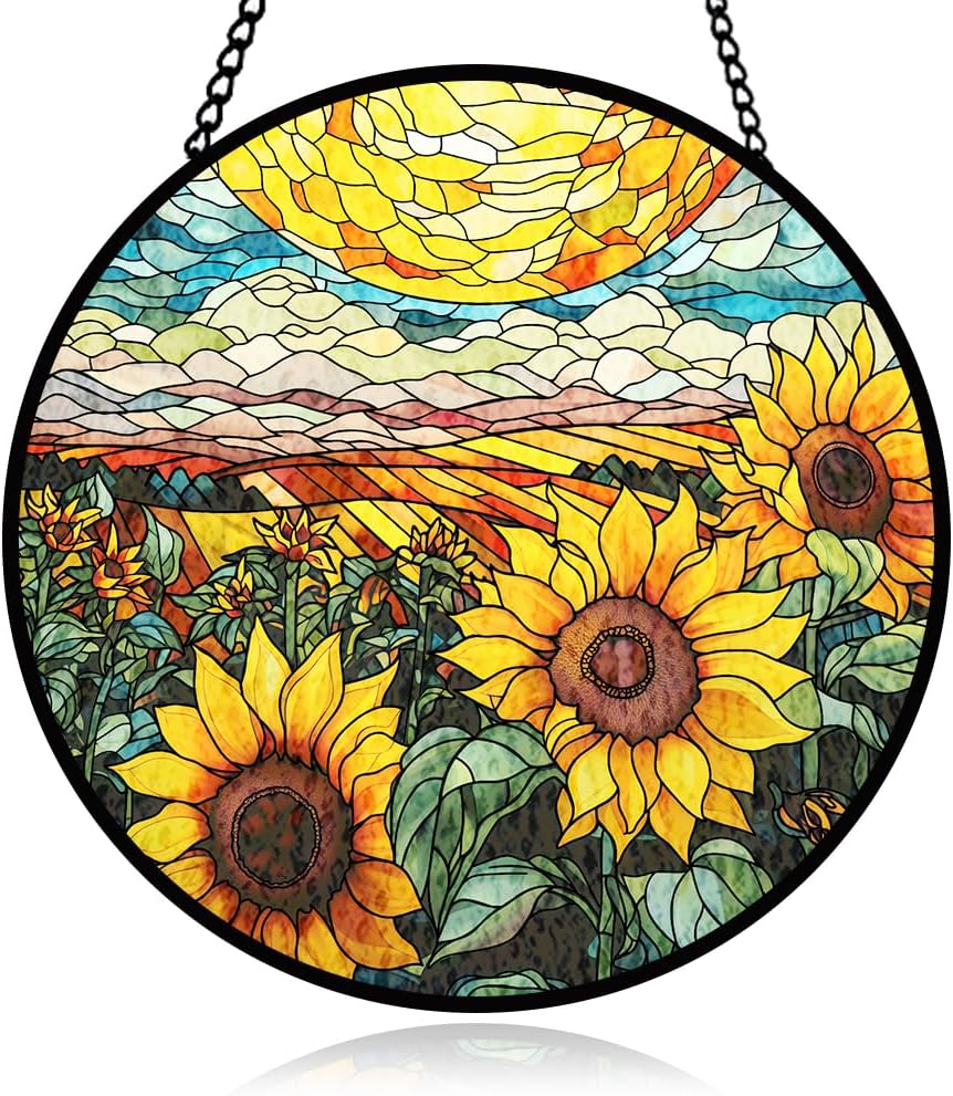 Sunflower Stained Glass Window Hanging, Flower Sun Catcher Panel Decoration, Yellow Floral Hanging Ornament, Sunflower Glass Ornament Birthday Party Decorations, Flower Ornament Gifts for Housewarming