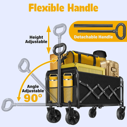 Wagon Cart Foldable, 360Lbs Collapsible Wagon Cart with Wheels Portable, Outdoor Utility Carts for Groceries, Camping, Sports, Garden, Shopping, Black