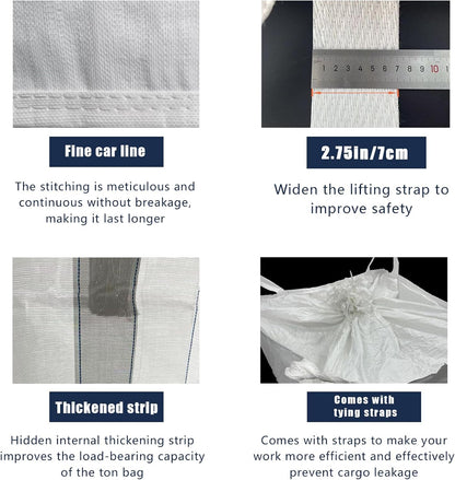 FIBC Bulk Bag - 2650 lbs Capacity, 39x39x39 inches, Polypropylene (PP), Open Top, White, Rectangular, Reusable, 10-Pack