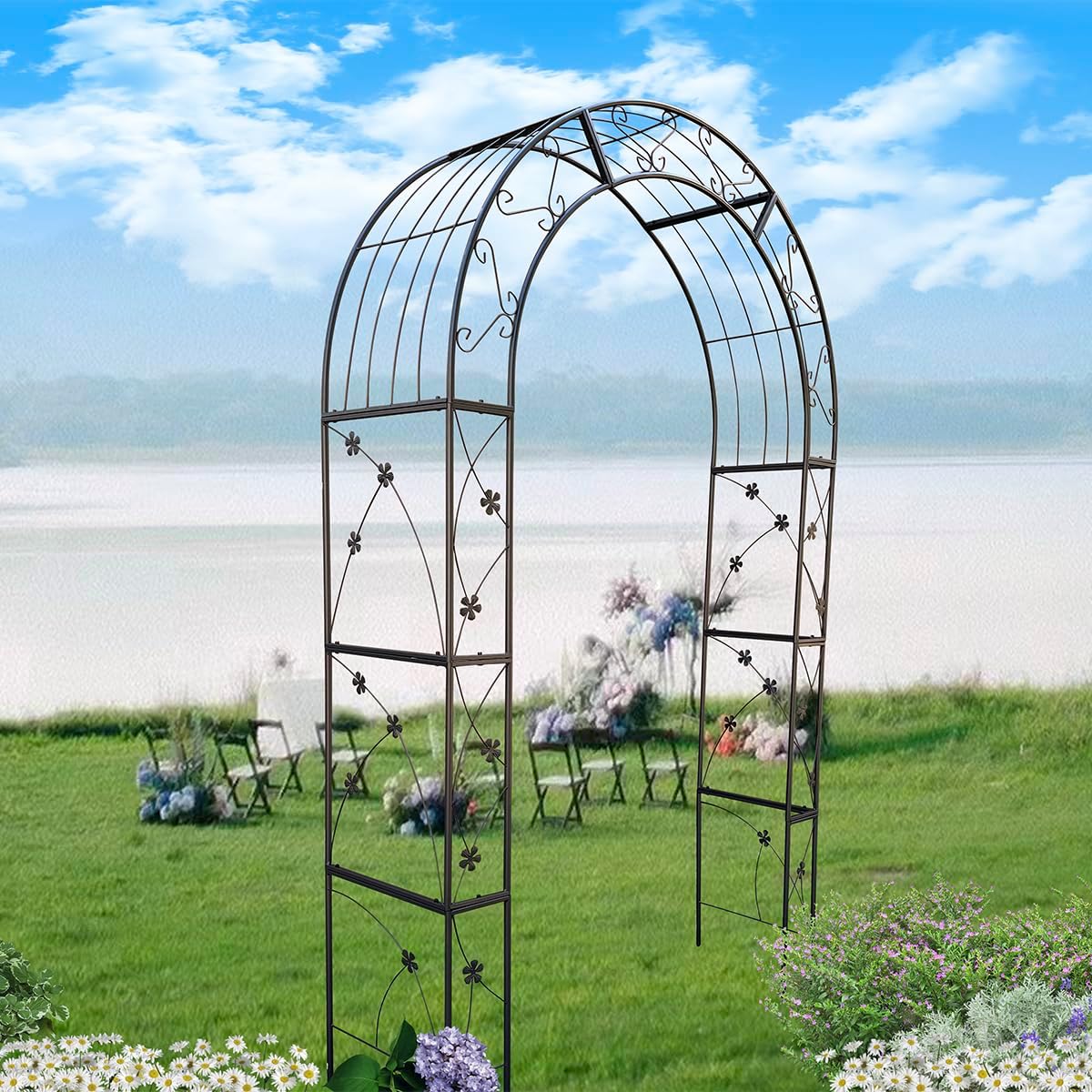 Metal Garden Arch, Garden Arch Trellis for Climbing Plants Outdoor, Garden Arbor for Weddings Party Events Decoration, 58" L X 19" W X 98.4" H, Black