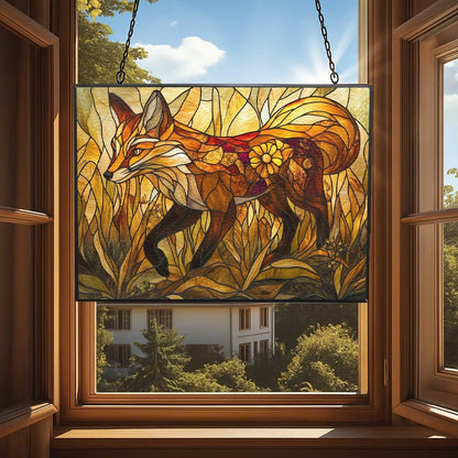 Personalized Rectangle Art Nouveau Golden Grass Fox Stained Glass Window Hangings, Handcrafted Stained Glass Suncatchers, Gift for Cat Lovers Nature Lovers 15"x11"