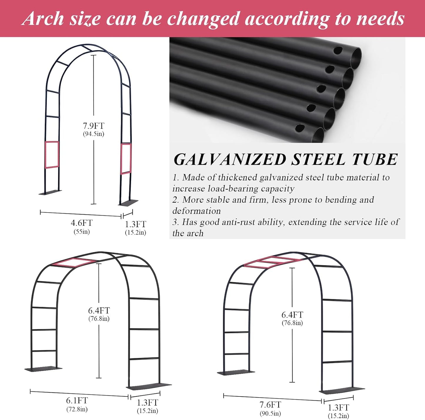 Thickened Tube Garden Arch Trellis - 4.6ft Wide x 7.9ft High or 7.6ft Wide x 6.4ft High - Garden Trellis for Climbing Plants, Stable Garden Arbor, Wedding Arch Decorations, Birthday Party Decoration
