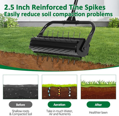 SMONTER Manual Lawn Aerator, 22” Heavy Duty Rolling Aerator Lawn Tool for Yard Garden, Aeration Tool with Spike Soil Penetrator